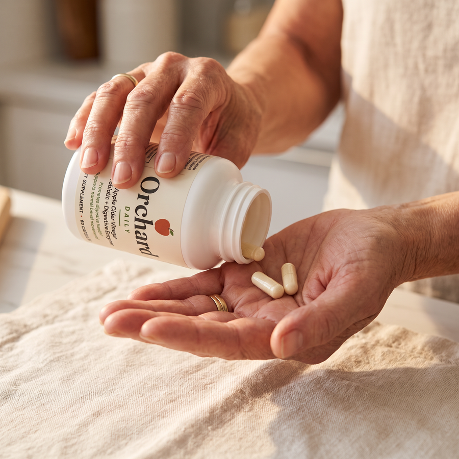 Two Orchard Daily capsules poured into a hand