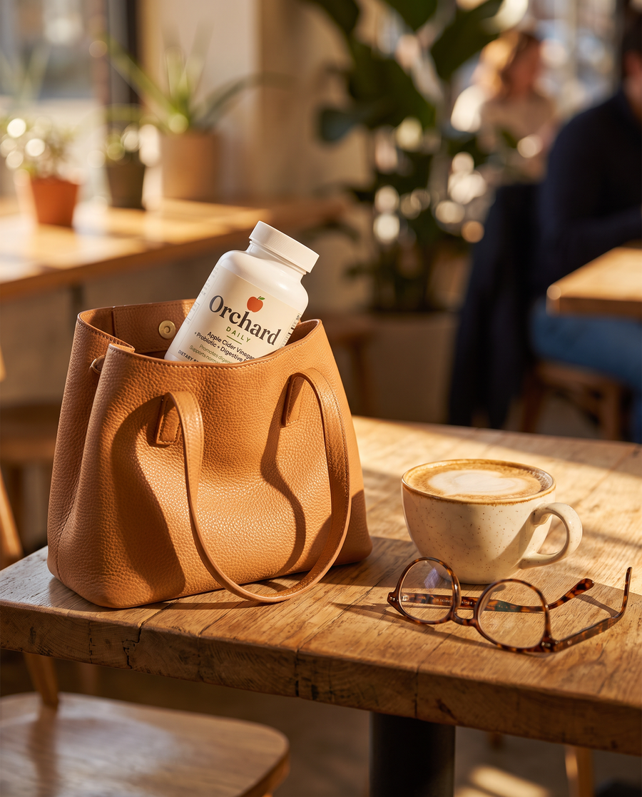 Orchard Daily bottle in a leather tote on a cafe table